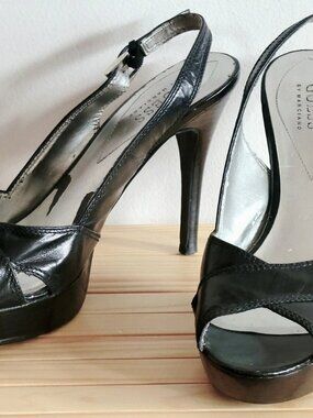 Vtg GUESS Marciano Slingback Peep Toe Black Leather Pumps Y2K sz 8-8.5